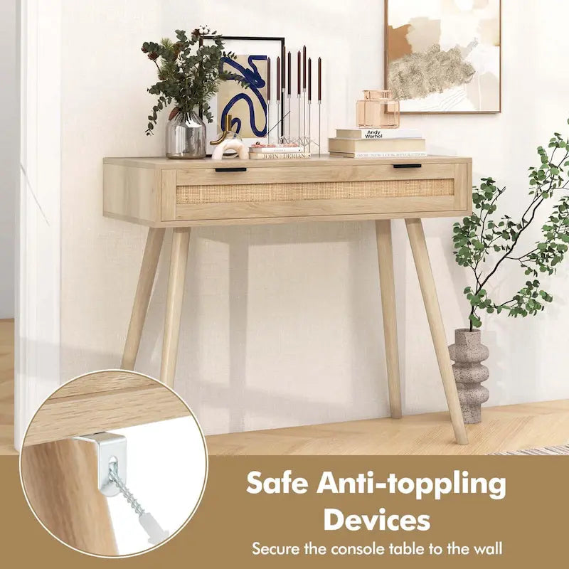 Costway Rattan-Konsolentisch mit ausziehbarer Schublade im Boho-Stil für den Eingangsbereich – Details ansehen