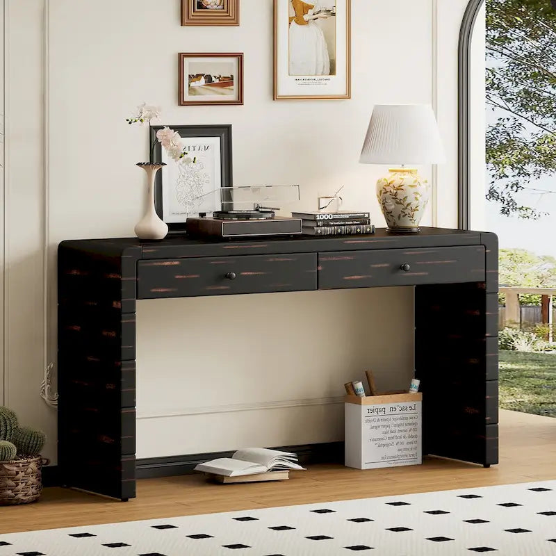 Curved Wooden Entryway Console Table with Storage, 2 Drawers, Rustic