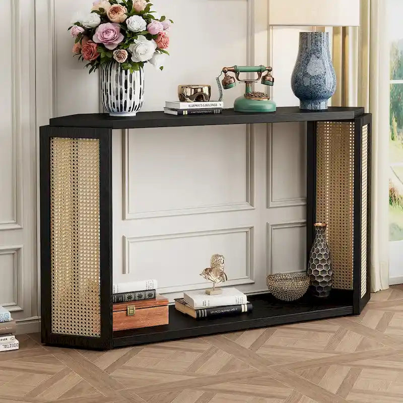Modell schmaler Flurtisch, unregelmäßige Platte mit Rattan für Wohnzimmer