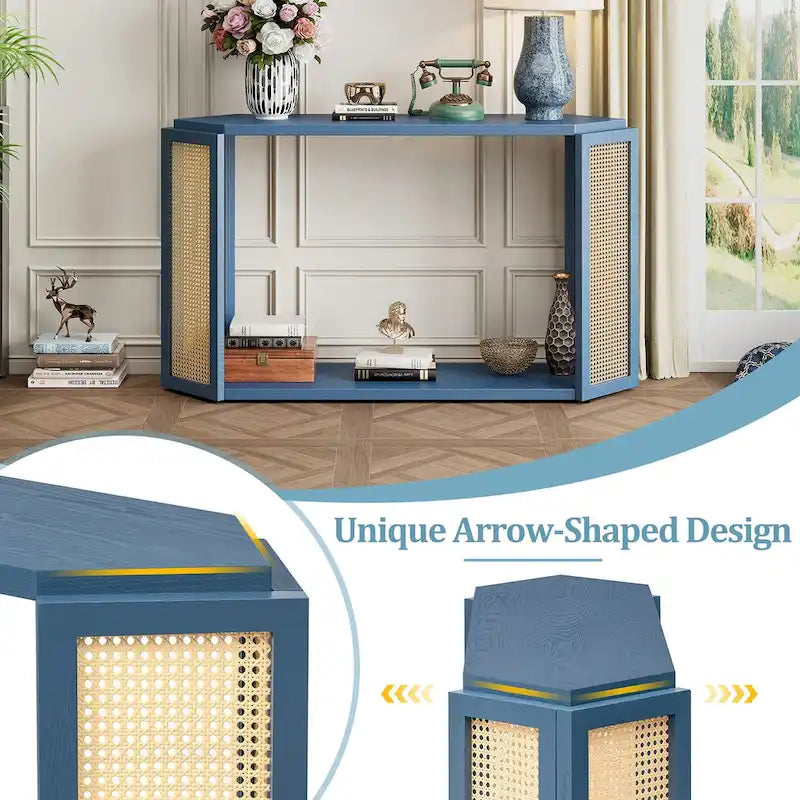 Modell schmaler Flurtisch, unregelmäßige Platte mit Rattan für Wohnzimmer