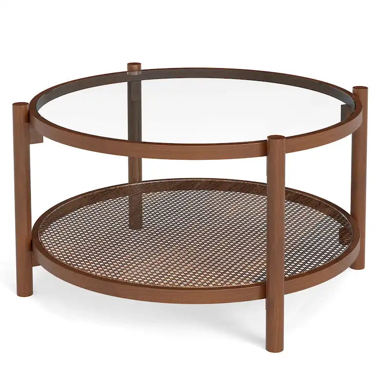 Costway Runder Couchtisch aus Holz, 79 cm, mit gehärteter Glasplatte, handgefertigt – Kirsche + Transparent – Details siehe unten