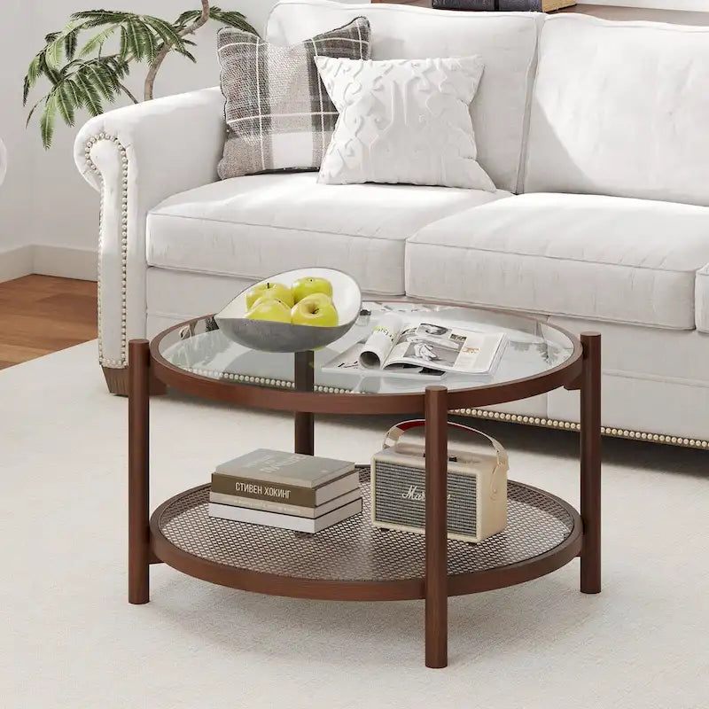 Costway Runder Couchtisch aus Holz, 79 cm, mit gehärteter Glasplatte, handgefertigt – Kirsche + Transparent – Details siehe unten