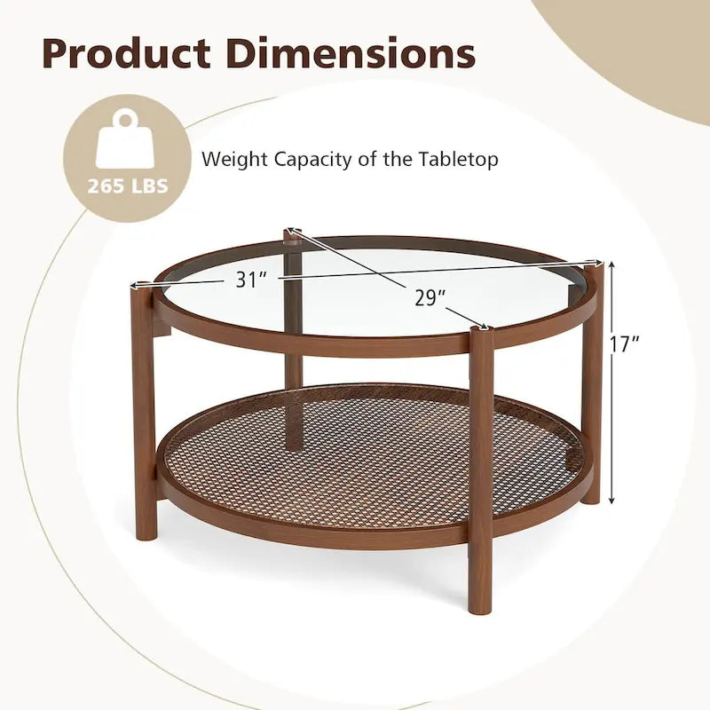 Costway Runder Couchtisch aus Holz, 79 cm, mit gehärteter Glasplatte, handgefertigt – Kirsche + Transparent – Details siehe unten