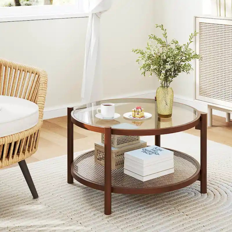 Costway Runder Couchtisch aus Holz, 79 cm, mit gehärteter Glasplatte, handgefertigt – Kirsche + Transparent – Details siehe unten