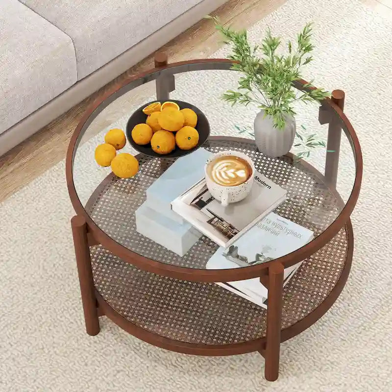 Costway Runder Couchtisch aus Holz, 79 cm, mit gehärteter Glasplatte, handgefertigt – Kirsche + Transparent – Details siehe unten