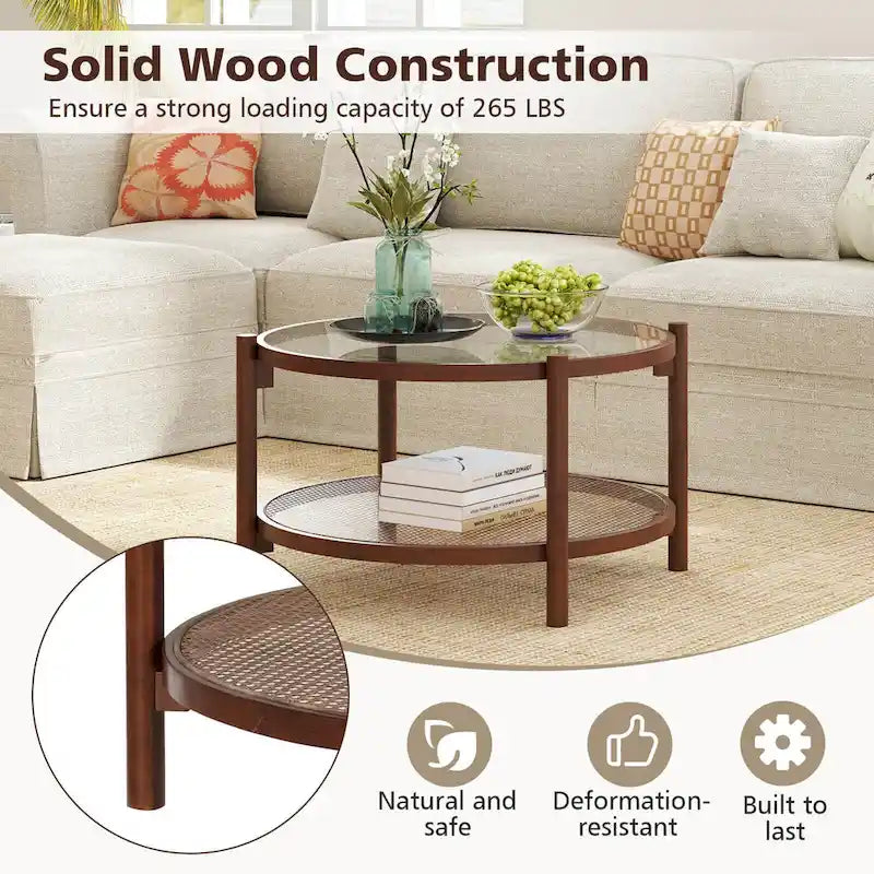 Costway Runder Couchtisch aus Holz, 79 cm, mit gehärteter Glasplatte, handgefertigt – Kirsche + Transparent – Details siehe unten