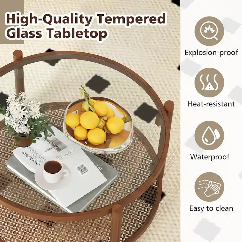 Costway Runder Couchtisch aus Holz, 79 cm, mit gehärteter Glasplatte, handgefertigt – Kirsche + Transparent – Details siehe unten