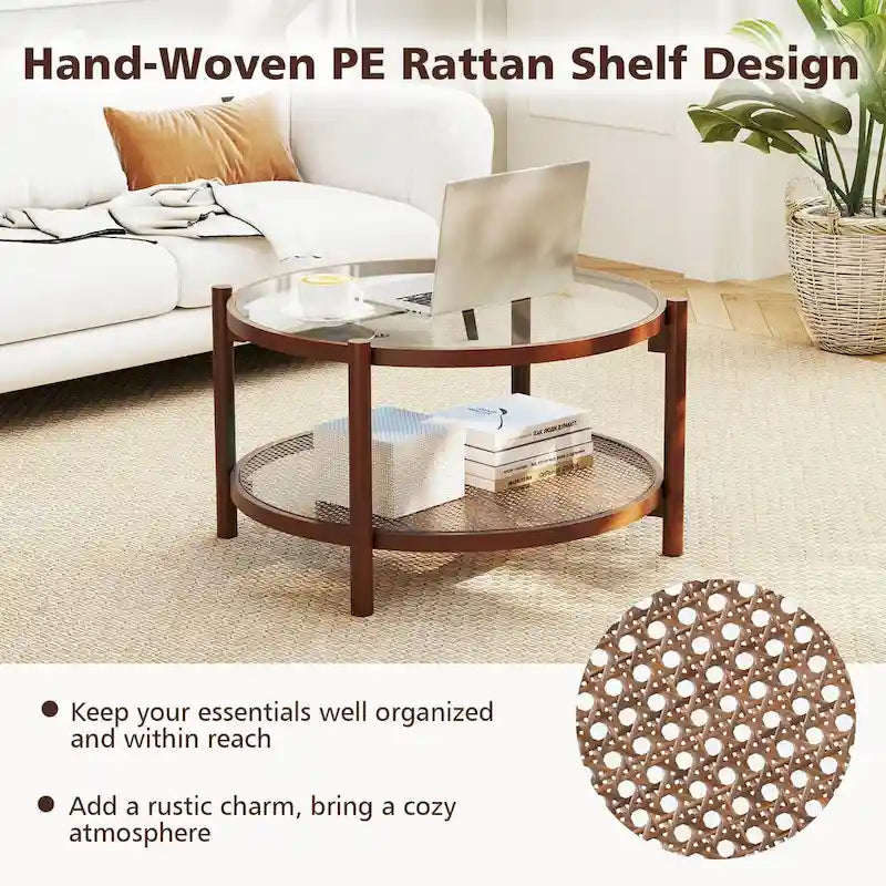 Costway Runder Couchtisch aus Holz, 79 cm, mit gehärteter Glasplatte, handgefertigt – Kirsche + Transparent – Details siehe unten