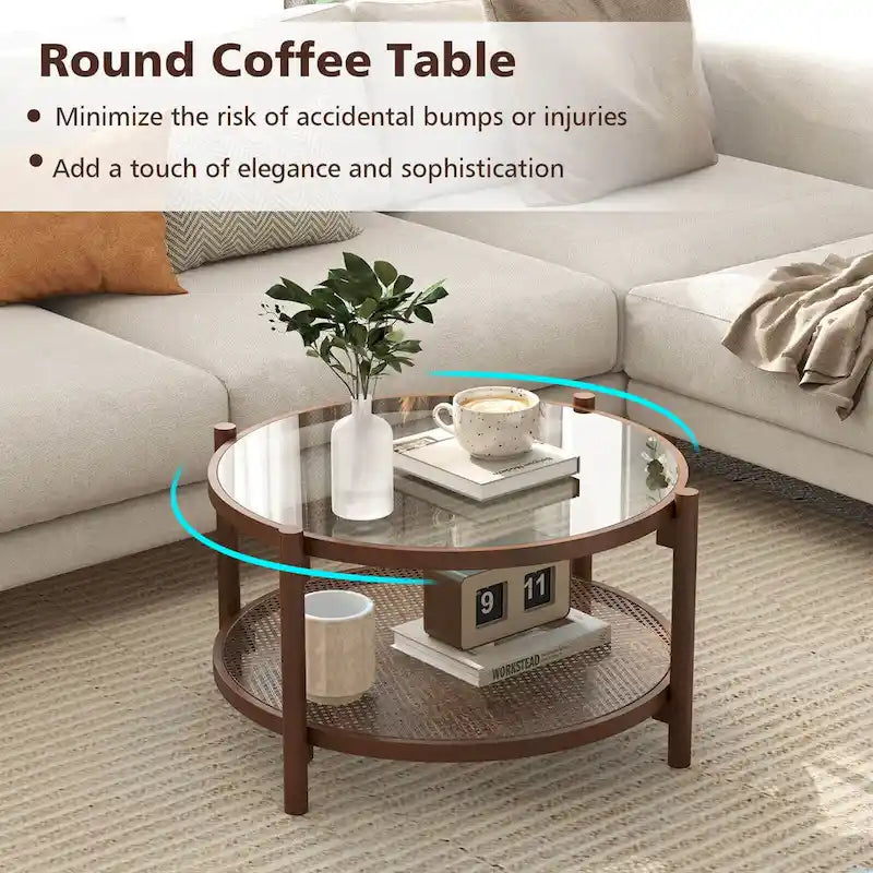 Costway Runder Couchtisch aus Holz, 79 cm, mit gehärteter Glasplatte, handgefertigt – Kirsche + Transparent – Details siehe unten