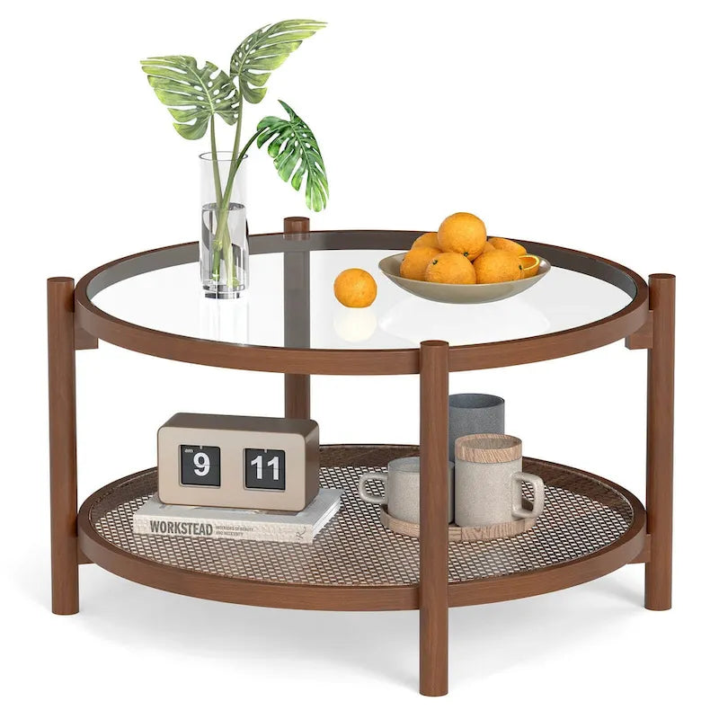 Costway Runder Couchtisch aus Holz, 79 cm, mit gehärteter Glasplatte, handgefertigt – Kirsche + Transparent – Details siehe unten