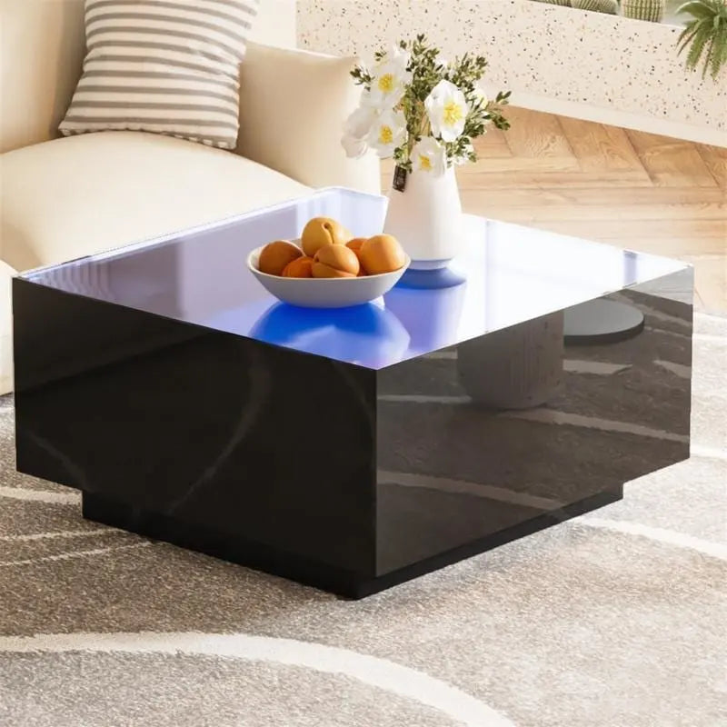 Quadratischer Couchtisch Hochglanz mit 16-farbiger LED-Lichtleiste, Moderner Wohnzimmertisch mit 5 mm Milchglasplatte aus gehärtetem Glas