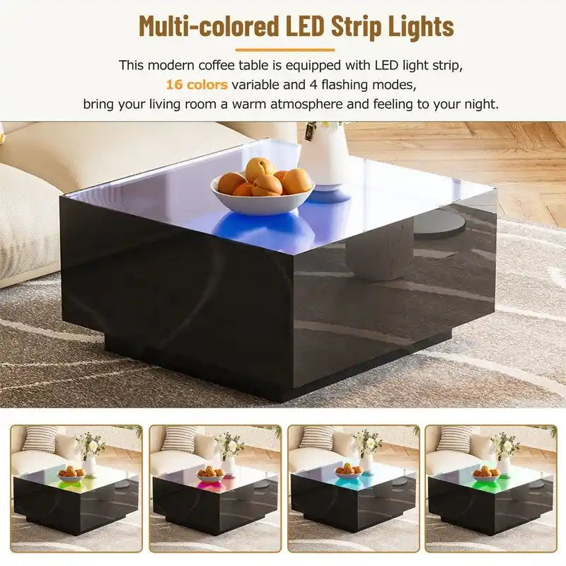 Quadratischer Couchtisch Hochglanz mit 16-farbiger LED-Lichtleiste, Moderner Wohnzimmertisch mit 5 mm Milchglasplatte aus gehärtetem Glas