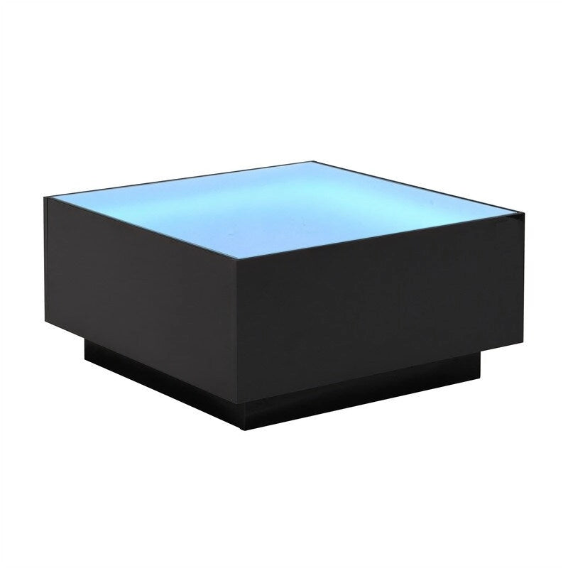 Quadratischer Couchtisch Hochglanz mit 16-farbiger LED-Lichtleiste, Moderner Wohnzimmertisch mit 5 mm Milchglasplatte aus gehärtetem Glas