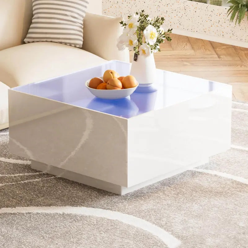 Quadratischer Couchtisch Hochglanz mit 16-farbiger LED-Lichtleiste, Moderner Wohnzimmertisch mit 5 mm Milchglasplatte aus gehärtetem Glas