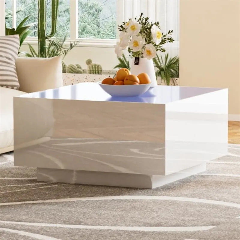 Quadratischer Couchtisch Hochglanz mit 16-farbiger LED-Lichtleiste, Moderner Wohnzimmertisch mit 5 mm Milchglasplatte aus gehärtetem Glas