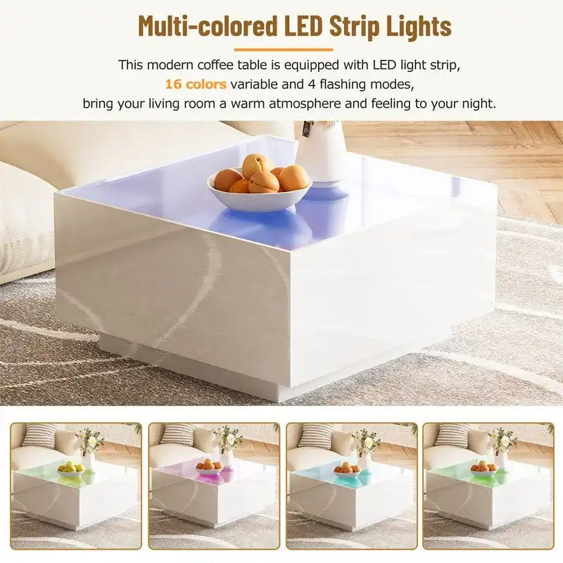 Quadratischer Couchtisch Hochglanz mit 16-farbiger LED-Lichtleiste, Moderner Wohnzimmertisch mit 5 mm Milchglasplatte aus gehärtetem Glas