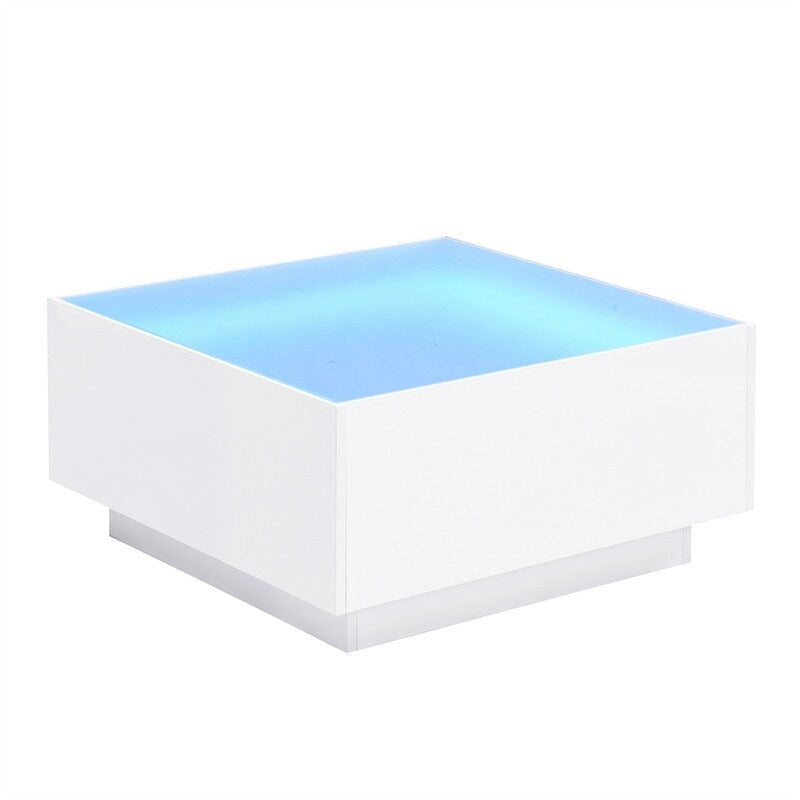 Quadratischer Couchtisch Hochglanz mit 16-farbiger LED-Lichtleiste, Moderner Wohnzimmertisch mit 5 mm Milchglasplatte aus gehärtetem Glas
