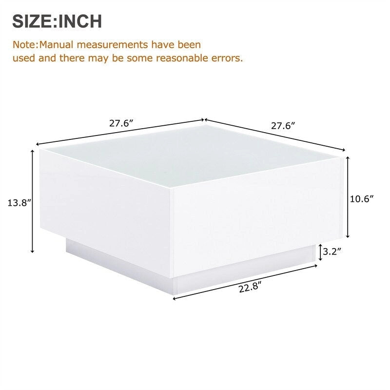 Quadratischer Couchtisch Hochglanz mit 16-farbiger LED-Lichtleiste, Moderner Wohnzimmertisch mit 5 mm Milchglasplatte aus gehärtetem Glas