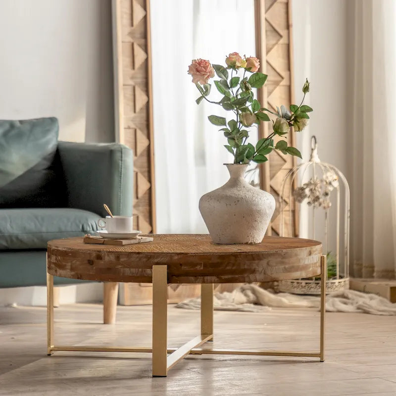 Moderner runder Retro-Couchtisch mit Fichtenholzplatte, goldenem Kreuzgestell, für das Wohnzimmer