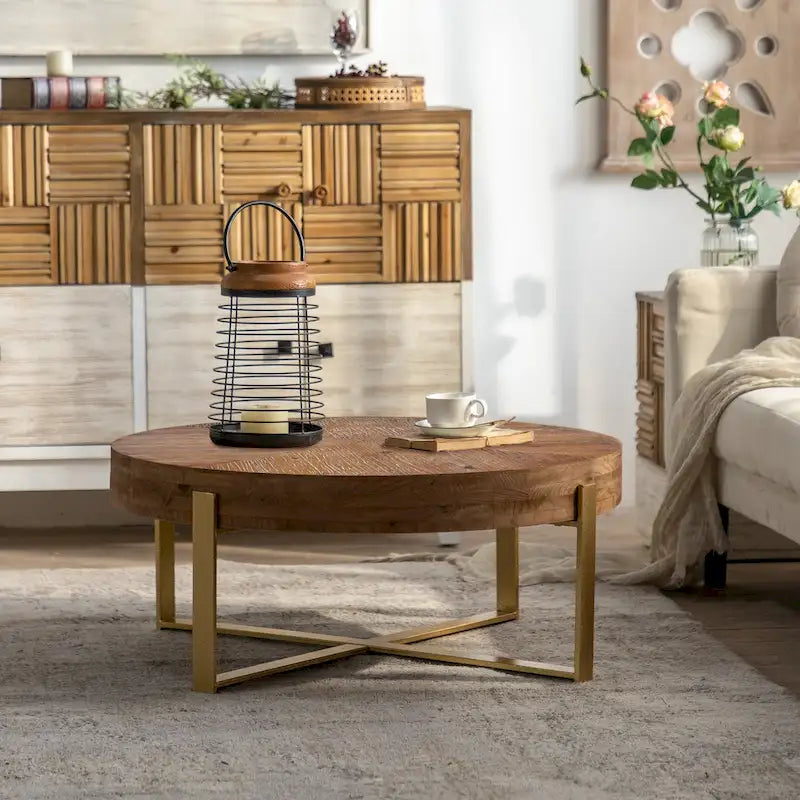 Moderner runder Retro-Couchtisch mit Fichtenholzplatte, goldenem Kreuzgestell, für das Wohnzimmer
