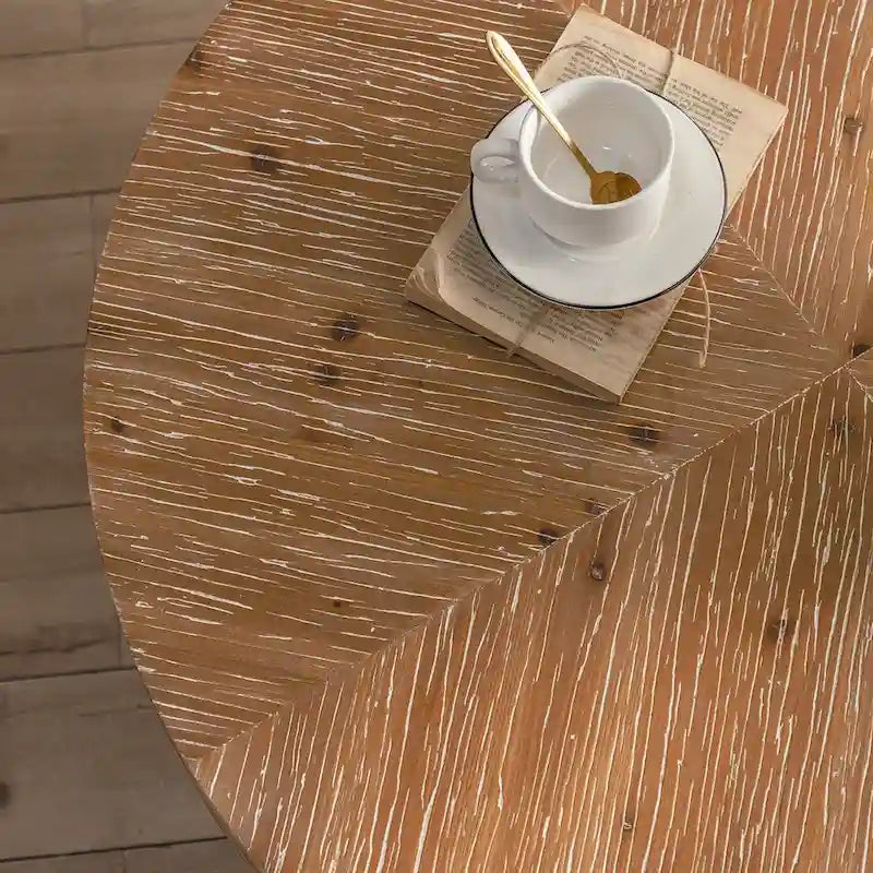Moderner runder Retro-Couchtisch mit Fichtenholzplatte, goldenem Kreuzgestell, für das Wohnzimmer