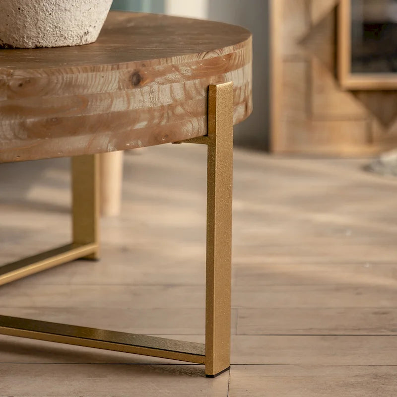 Moderner runder Retro-Couchtisch mit Fichtenholzplatte, goldenem Kreuzgestell, für das Wohnzimmer