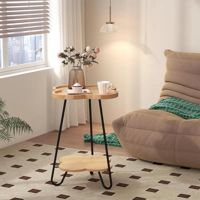 Moderner doppelstöckiger kreativer Blüten-Couchtisch, runder Beistelltisch mit multifunktionalem Stauraum, für Wohnzimmer