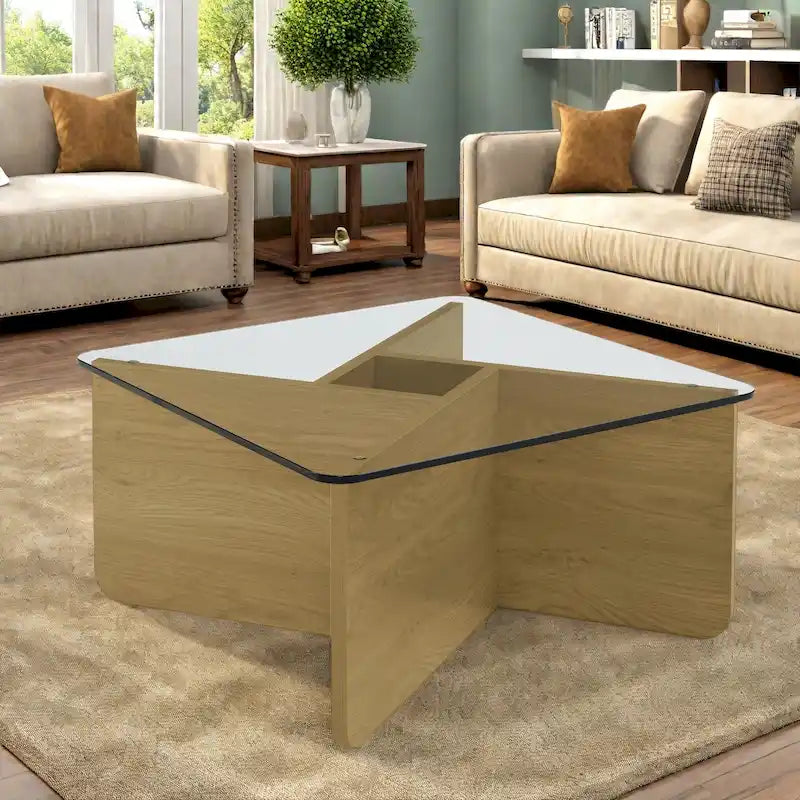 31.5 MDF Moderner Couchtisch - Platte aus gehärtetem Glas und MDF-Untergestell für den Innen- und Außenbereich