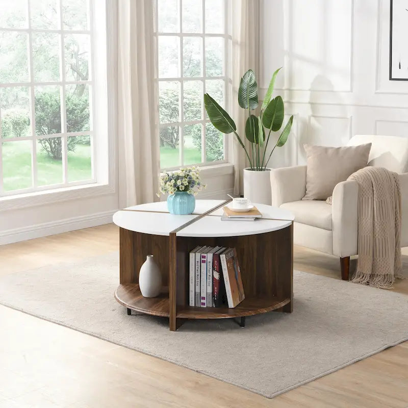 Industrieller runder Couchtisch, doppelter Couchtisch mit Stauraum, für Wohnzimmer, Garten, Weiß