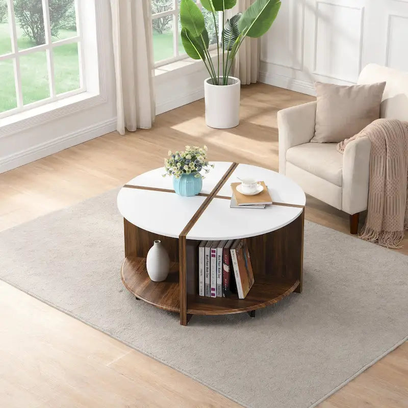 Industrieller runder Couchtisch, doppelter Couchtisch mit Stauraum, für Wohnzimmer, Garten, Weiß