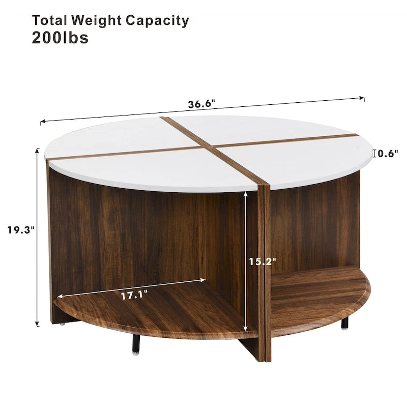 Industrieller runder Couchtisch, doppelter Couchtisch mit Stauraum, für Wohnzimmer, Garten, Weiß