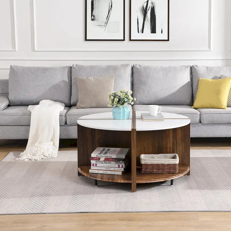 Industrieller runder Couchtisch, doppelter Couchtisch mit Stauraum, für Wohnzimmer, Garten, Weiß
