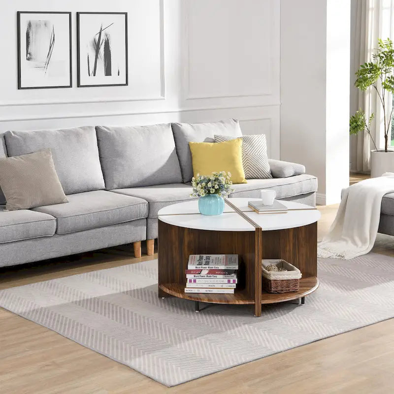 Industrieller runder Couchtisch, doppelter Couchtisch mit Stauraum, für Wohnzimmer, Garten, Weiß
