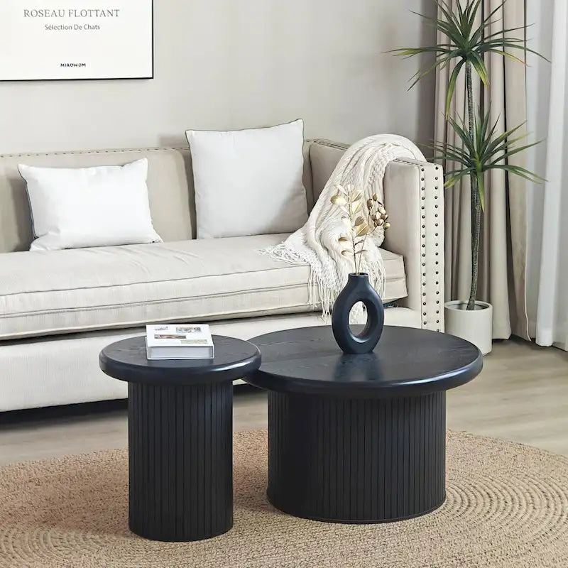 Modernes rundes Couchtisch-Set, doppelte Tischkombination mit geriffelten Tischbeinen, für Wohnzimmer