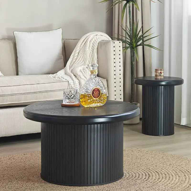 Modernes rundes Couchtisch-Set, doppelte Tischkombination mit geriffelten Tischbeinen, für Wohnzimmer