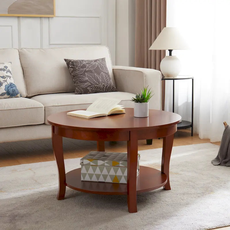 Traditioneller runder Couchtisch, hölzerner Beistelltisch mit offenen Ablageflächen, für Wohnzimmer, Schlafzimmer, Wohnung, Studio