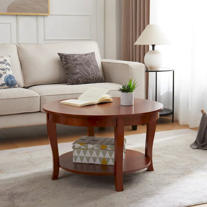 Traditional Round Coffee Table Wooden Centerpiece Table with Open Storage Shelves, for Living Room Bedroom Apartment Studio