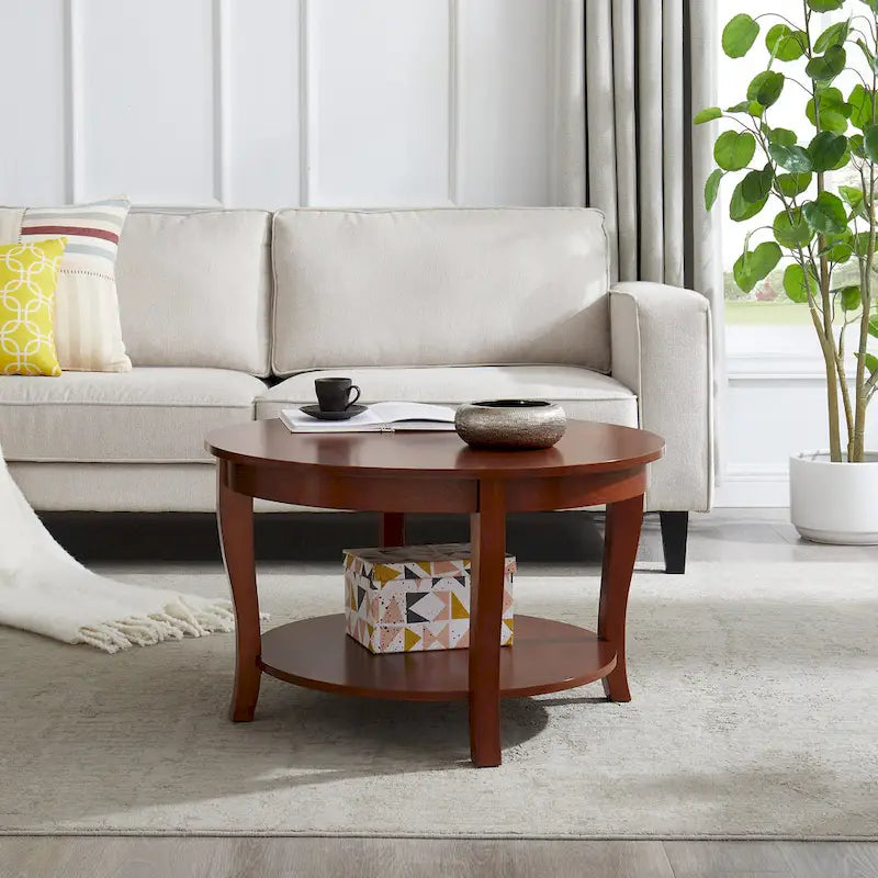 Traditioneller runder Couchtisch, hölzerner Beistelltisch mit offenen Ablageflächen, für Wohnzimmer, Schlafzimmer, Wohnung, Studio