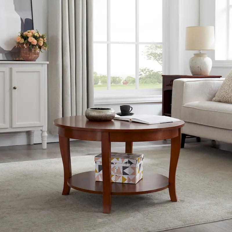Traditioneller runder Couchtisch, hölzerner Beistelltisch mit offenen Ablageflächen, für Wohnzimmer, Schlafzimmer, Wohnung, Studio