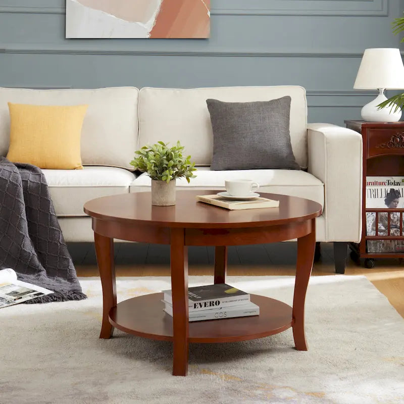 Traditioneller runder Couchtisch, hölzerner Beistelltisch mit offenen Ablageflächen, für Wohnzimmer, Schlafzimmer, Wohnung, Studio