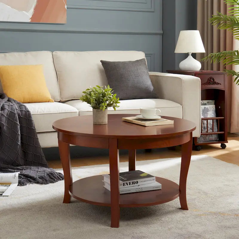 Traditioneller runder Couchtisch, hölzerner Beistelltisch mit offenen Ablageflächen, für Wohnzimmer, Schlafzimmer, Wohnung, Studio