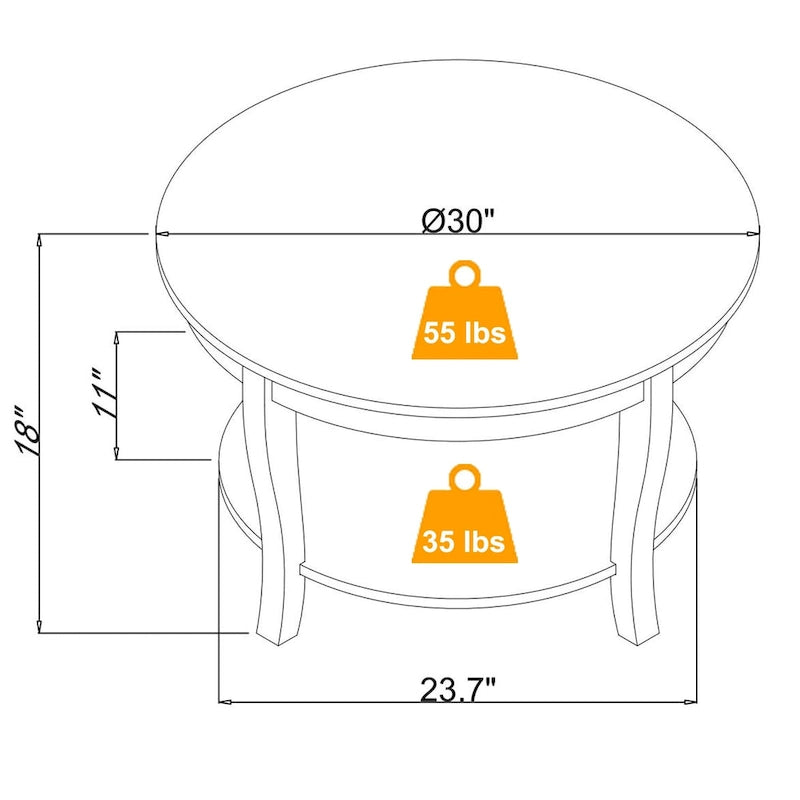 Traditioneller runder Couchtisch, hölzerner Beistelltisch mit offenen Ablageflächen, für Wohnzimmer, Schlafzimmer, Wohnung, Studio