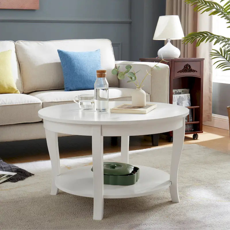 Traditioneller runder Couchtisch, hölzerner Beistelltisch mit offenen Ablageflächen, für Wohnzimmer, Schlafzimmer, Wohnung, Studio