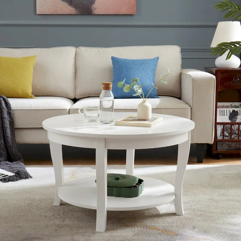 Traditioneller runder Couchtisch, hölzerner Beistelltisch mit offenen Ablageflächen, für Wohnzimmer, Schlafzimmer, Wohnung, Studio