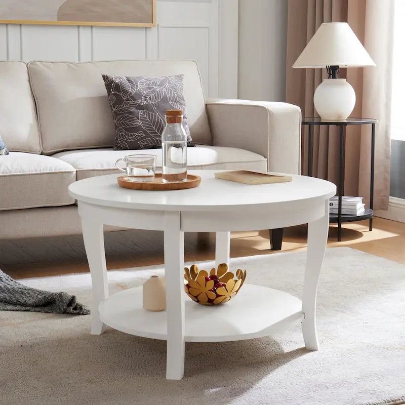 Traditioneller runder Couchtisch, hölzerner Beistelltisch mit offenen Ablageflächen, für Wohnzimmer, Schlafzimmer, Wohnung, Studio