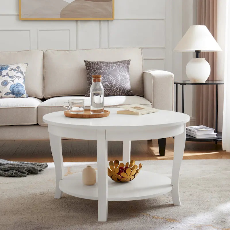Traditioneller runder Couchtisch, hölzerner Beistelltisch mit offenen Ablageflächen, für Wohnzimmer, Schlafzimmer, Wohnung, Studio