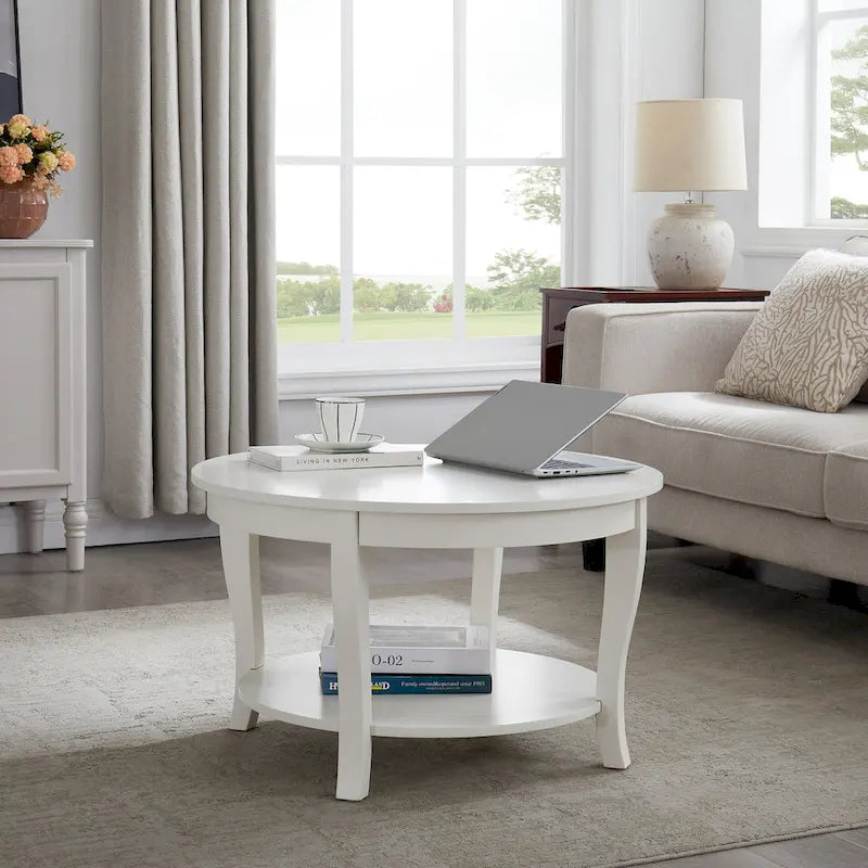 Traditioneller runder Couchtisch, hölzerner Beistelltisch mit offenen Ablageflächen, für Wohnzimmer, Schlafzimmer, Wohnung, Studio