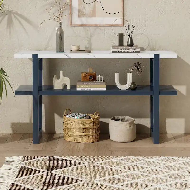 Schmale Konsole mit Marmor-Effektplatte (Navy)
