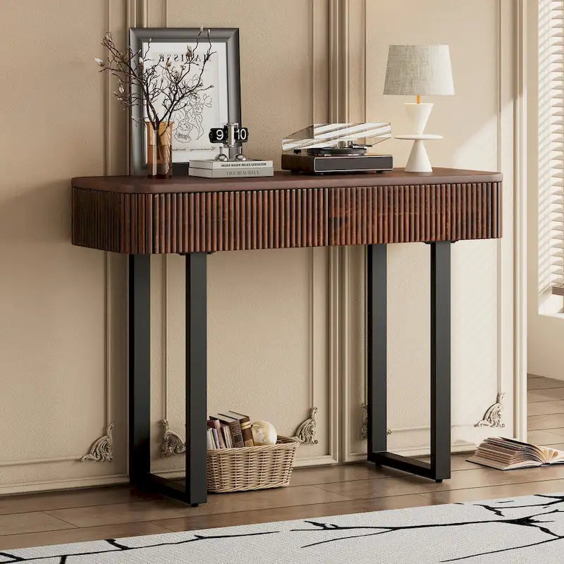 Solid Wood Entryway Table with Fluted Design,Honey and Black