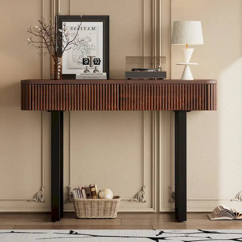 Eingangstisch aus Massivholz mit gerilltem Design, Honig und Schwarz